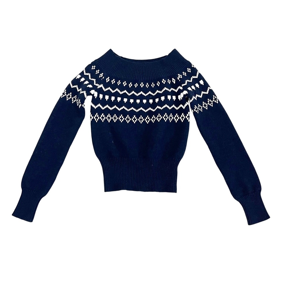 Commense Navy Blue Fair Isle Off The Shoulder Sweater Chic WinterSize XS